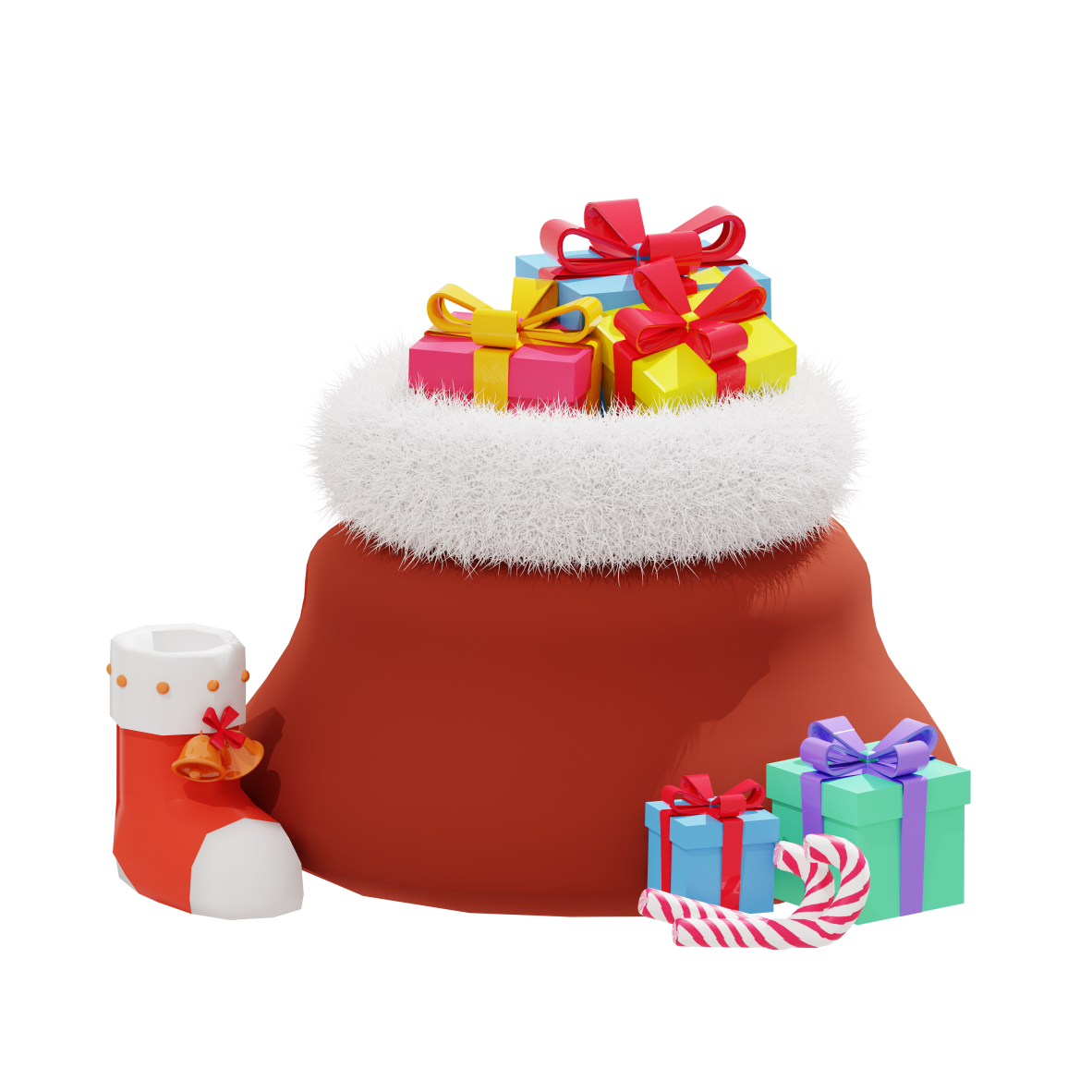 Ilustrasi karung hadiah 3d dengan tema natal PNG gratis