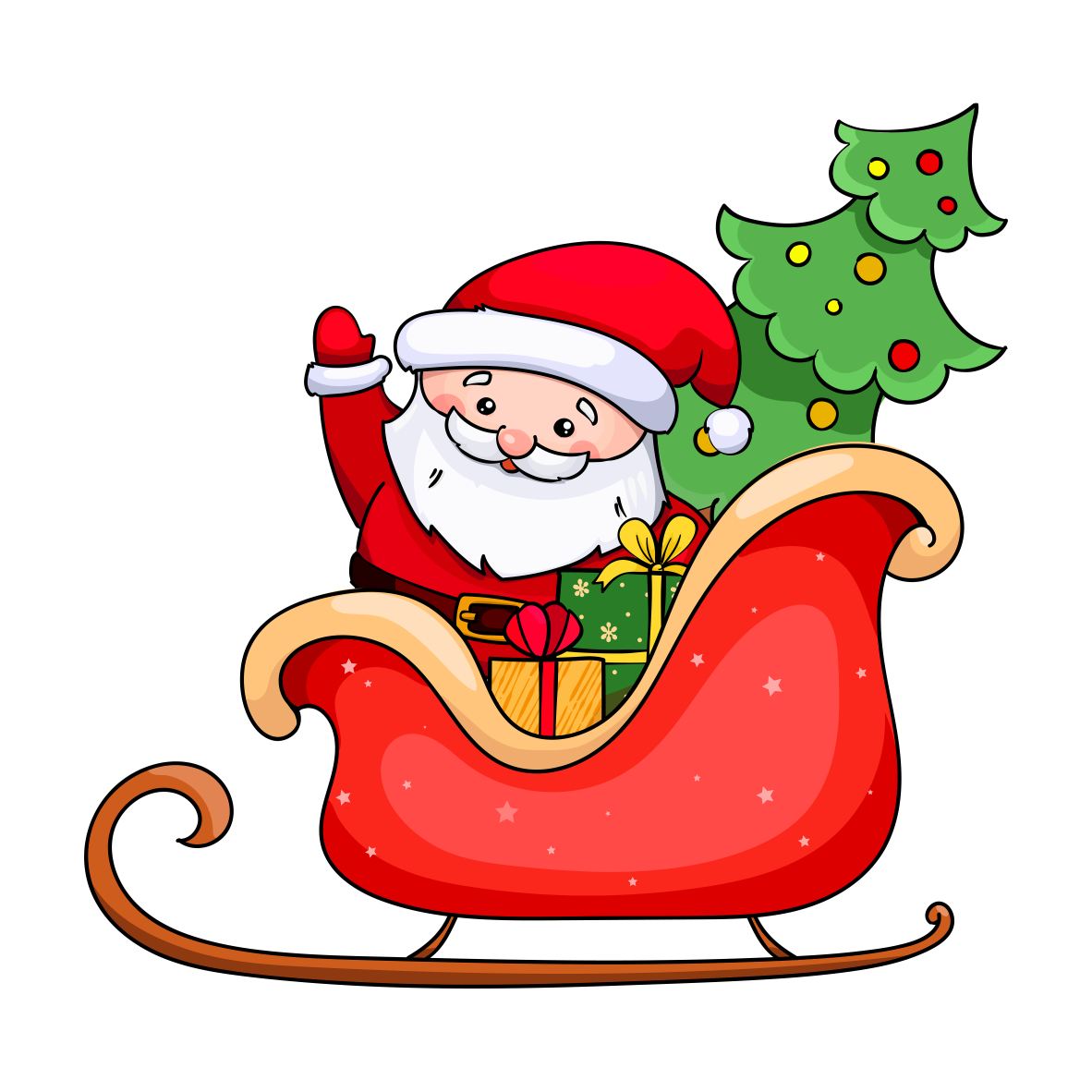 Santa claus naik kereta luncur dengan pohon natal PNG Gratis