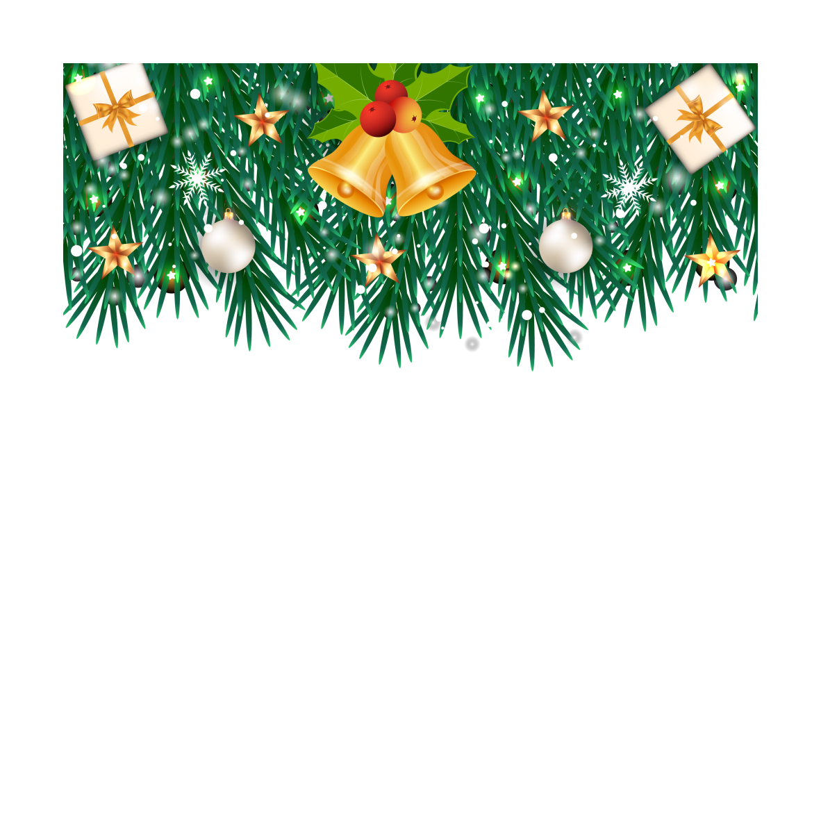 Spanduk media sosial Natal dengan daun pinus yang realistis. Spanduk Natal dengan bola berwarna-warni, kepingan salju.