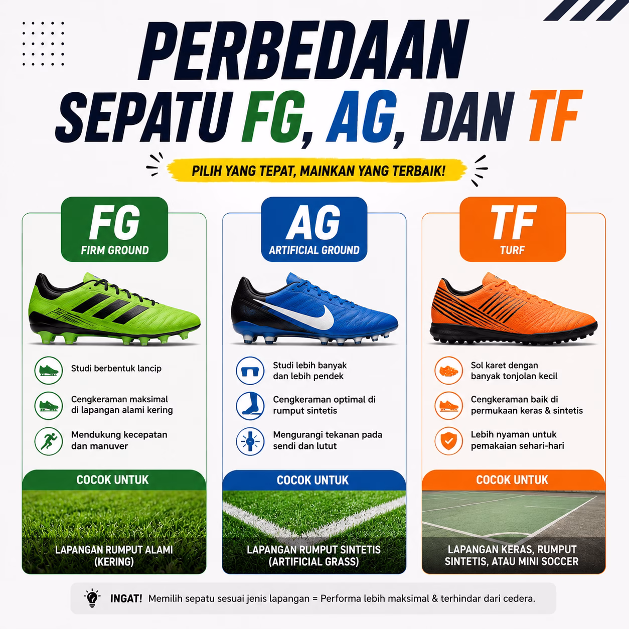 Perbedaan Sepatu FG, AG, dan TF